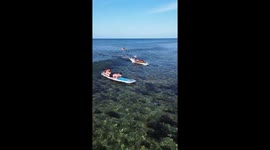 Beginner surfer catches wave but crashes straight into instructor