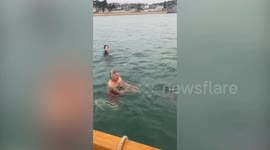 Dolphin joins family on morning swim in Dorset and gives them incredible show