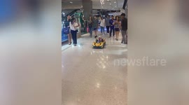 Cool cat cruises through shopping mall in toy car