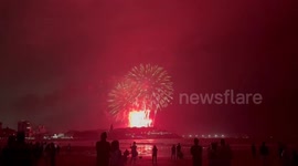 Spain: Spectacular Nighttime Fireworks Illuminate Gijon Coastline