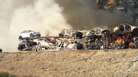US, Los Angeles: Sylmar Multiple New Telsas Burn In Massive Car Carrier Inferno Part 2