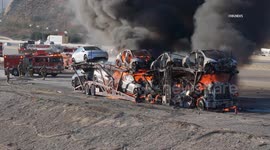 US, Los Angeles: Sylmar Multiple New Teslas Burn in Massive Car Carrier Inferno Part 1