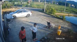 Distracted mother lets pram with child roll into deep fish pond - both rescued unharmed