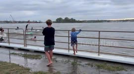 US: Surfers Battle Hurricane Erin Waves At Manasquan Inlet