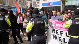 In Broadmead today, shoppers – some with walkers – were forced to scramble as far-left pro-migration protesters clashed with police, trying to attack peaceful anti–illegal migration demonstrators.