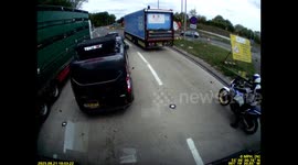 Car pulling a caravan collides with a mirror of a truck at J28 M1 / A38