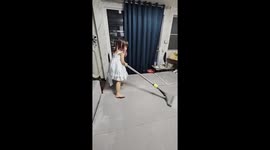 Diligent schoolgirl wears outfits while she helps family with house chores