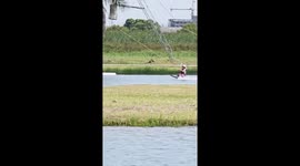 Talented schoolgirl takes on ramps in wakeboarding pool