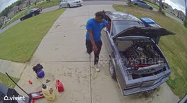 Car maintenance mishap caught on security video in Augusta, Georgia