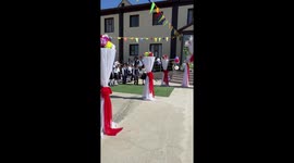 Teacher’s fall startles children during stage entrance in Turkestan, Kazakhstan
