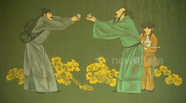 Painted scene of people drinking in acient China