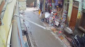 Bull being chased through street crashes into shop in India