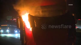 US, Los Angeles: Diamond Bar Semi-Truck Catches Fire on Freeway