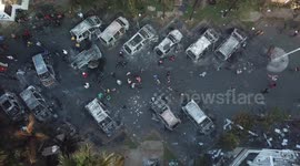 Aerial view of the wreckage of a vehicle burned by the masses at the Makassar DPRD Office