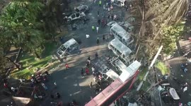 An aerial view of the Makassar DPRD after it was burned by a mob, resulting in the deaths of 3 residents.