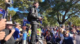 Jack Eltis from the group ‘White Australia’ speaks at the March for Australia protest in Sydney, Australia