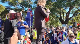 Joel Davis speaks at the March for Australia protest in Sydney, Australia