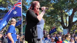 Bec Freedom speaks at the March for Australia protest in Sydney, Australia