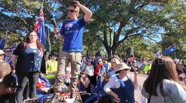 Bec Freedom speaks at the March for Australia protest in Sydney, Australia