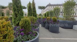 Public square decorated with Autumn flowers in St Petersburg, Russia