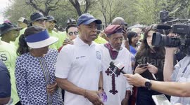 New York City Mayor Eric Adams speaks to reporters at the 2025 West Indian Day Parade in Crown Heights
