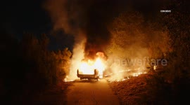 US, Los Angeles: Sepulveda Basin Abandoned Vehicle Set On Fire And Spreads To Vegetation