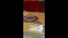 Disgusted passersby spot rat wandering on table grill
