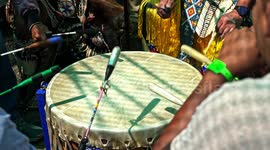 Drummers playing  at Schemitzun Feast of green corn and dance in Mashantucket Pequot Tribe in Connecticut. Celebrating grean corn and dance