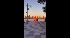 Sunrise dining at Pier 25 with Hudson River views in New York, USA