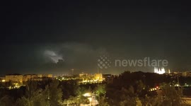 Dramatic lightning storm over the night sky in Zaragoza, Spain
