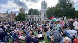Activists hold up pro Palestine Action signs at a demonstration.