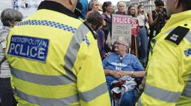 Two elderly and disabled protestors in wheelchairs arrested during pro palestine action demonstration in Parliament Square