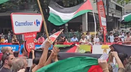 Protest against Israel Premier Tech team during Vuelta a España in Bilbao, Spain