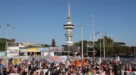 Demonstrators march in Thessaloniki ahead of Mitsotakis speech