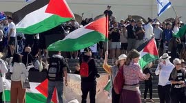 Pro-Palestine activists paddle out at Bondi Beach, Sydney, Australia