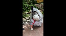 Baby shares a warm hug with Eeyore at Disneyland Park in California