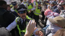 Scuffles ERUPT outside Excel Centre in London where protesters try to stop arms fair