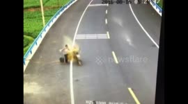 Scooter rides into pedestrian and knocks buckets of animal excrement out of her hands