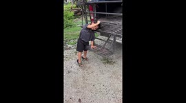 Hapless toddler calls for help with his head stuck in pickup truck bars
