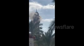The moments when an Israeli drone strike targeted the minaret of Yaffa Mosque in Deir Al-Balah