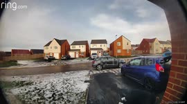 Man slips on ice-covered deck but recovers instantly with ease