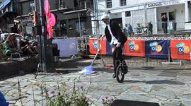 Unicycle Mishap! Street Performer's Saddle Snafu, in Newquay, Cornwall, UK