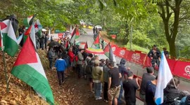 Protest blocked near La Vuelta finish line in Mos, Spain