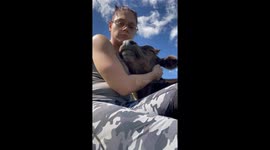 Woman Cuddles Gently Chewing Cow Steer