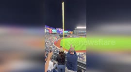 Baseball fans cheer as President Trump appears on big screen