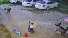 Heroic father dives to save toddler as toy car tips over
