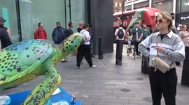 Tusk Turtle Trail 2025 - catchy Myrtle The Turtle by Ralph Steadman outside Tottenham Court Road station