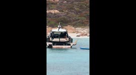 Dog relaxes on yacht in Sassari, Italy