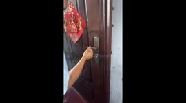 Cat caught hanging on doorknob in Chongqing, China