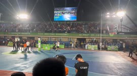 Man makes backward basketball shot with flip in Shandong, China